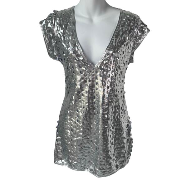New Metallic Silver V Neck Party Dress Sz Lg Mini Clubwear Festival Futuristic - Picture 1 of 13